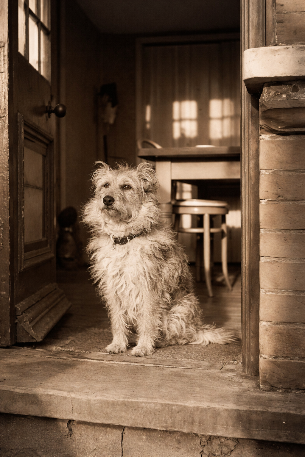 Cão atento na entrada de casa