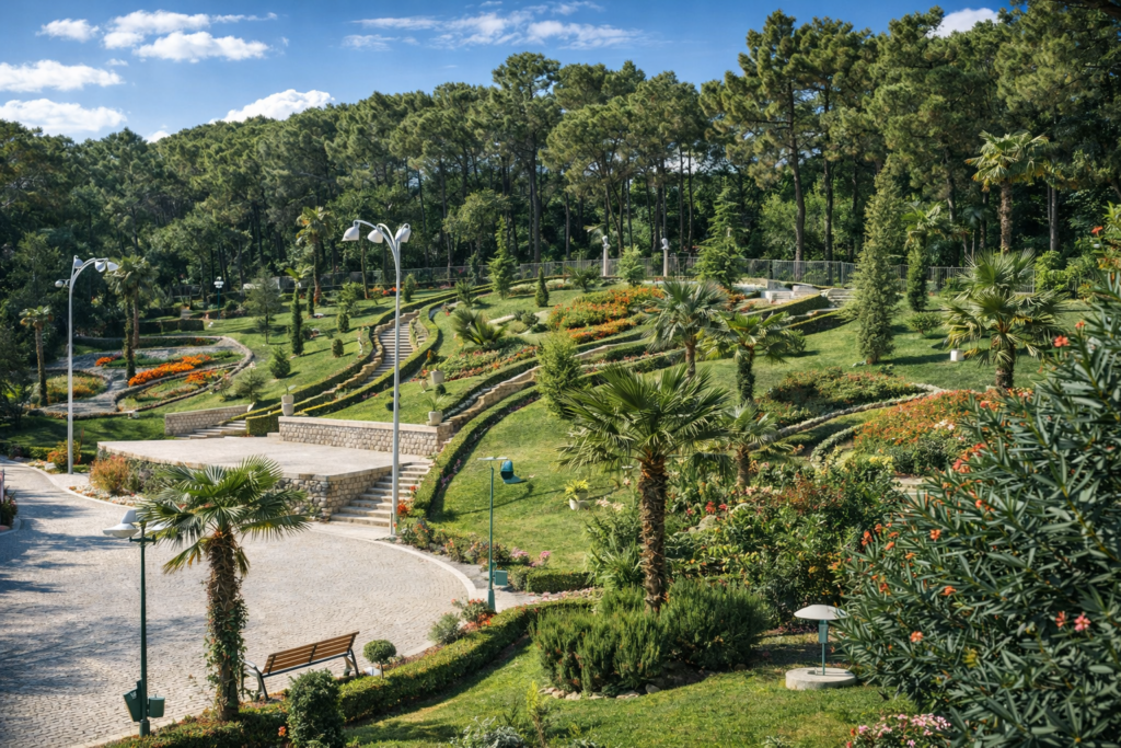 Jardim tranquilo com caminhos sinuosos