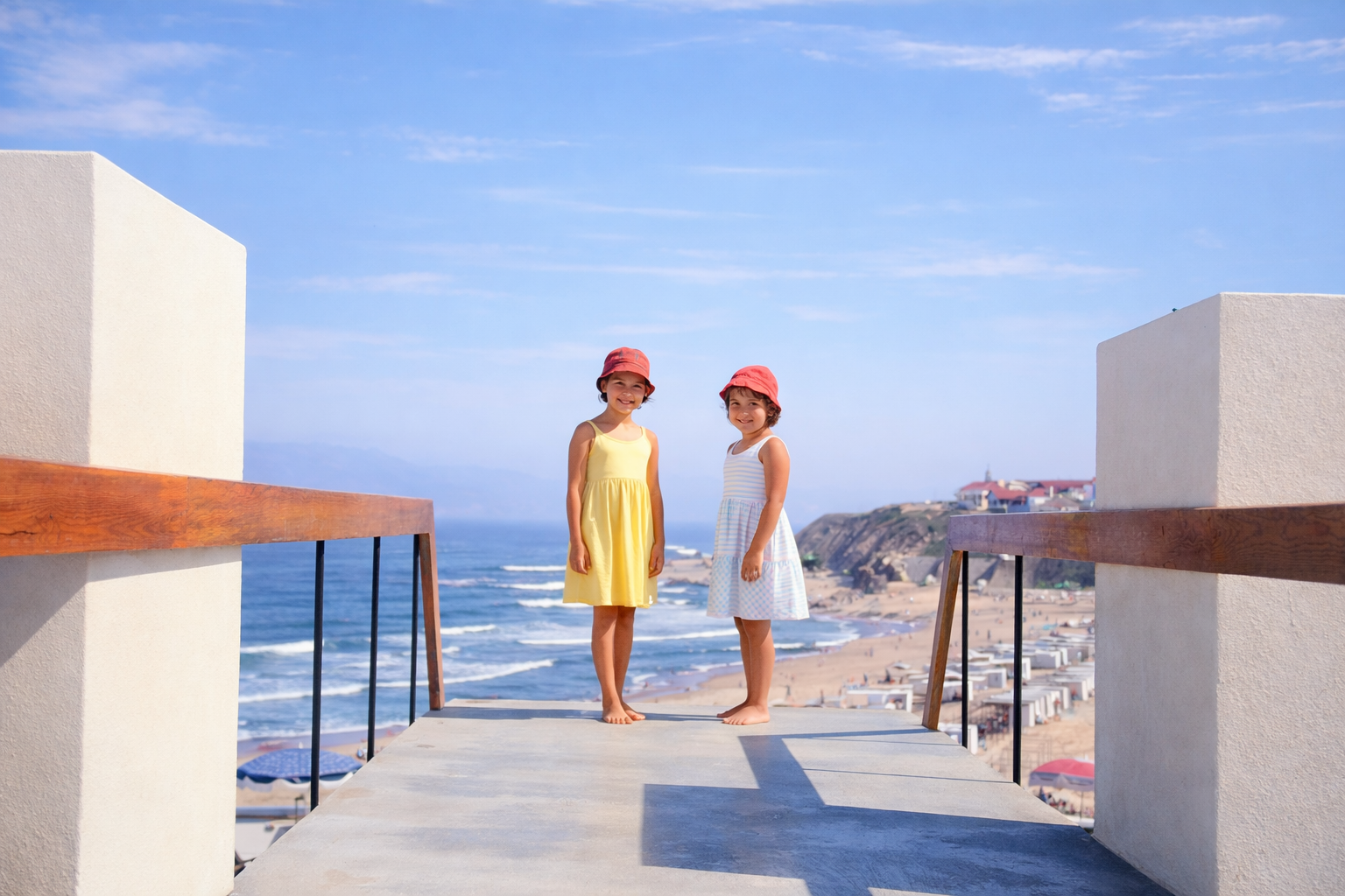 Meninas na plataforma com vista para a praia