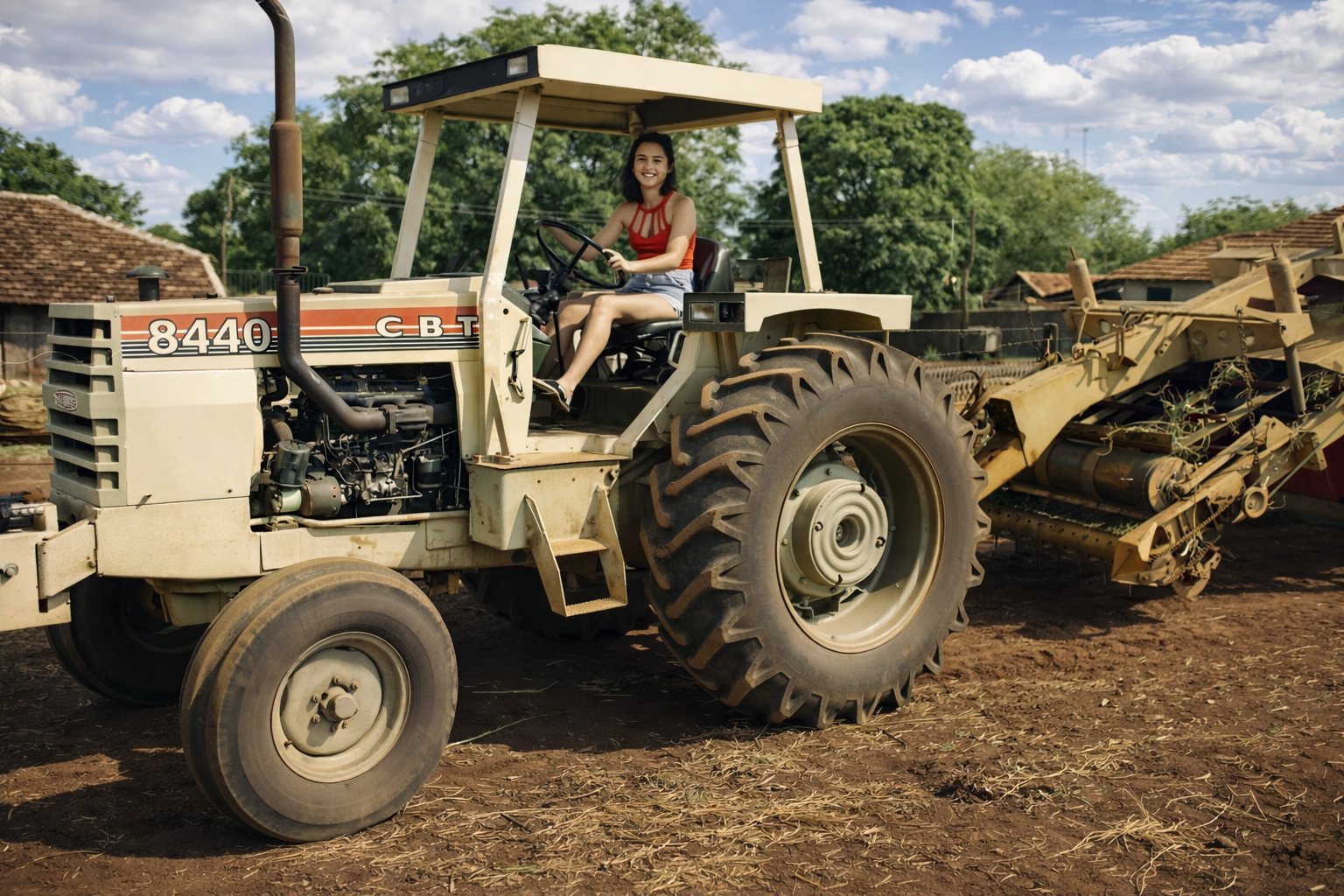 Mulher sorridente em trator rural