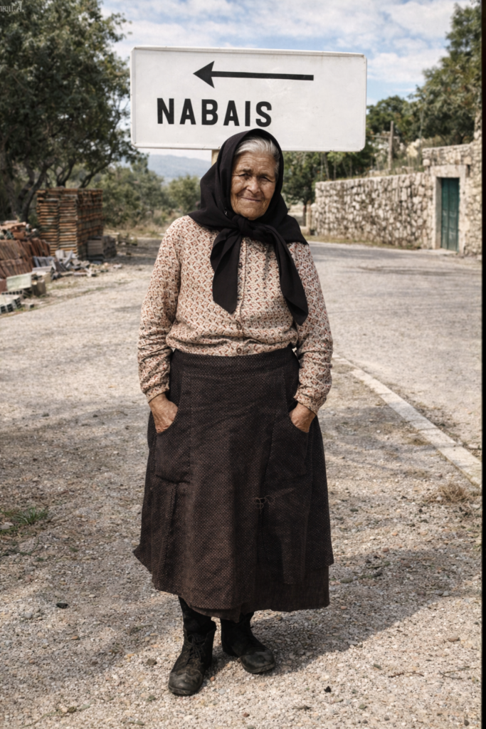 Mulher idosa junto à estrada para Nabais