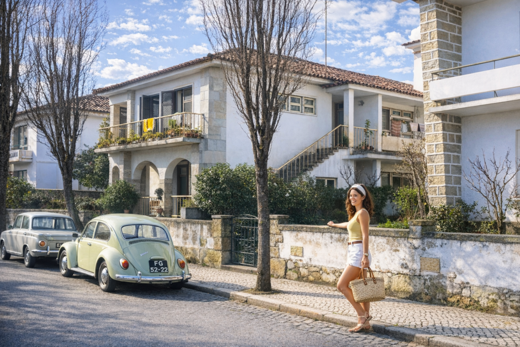 Mulher e Volkswagen Beetle em rua portuguesa