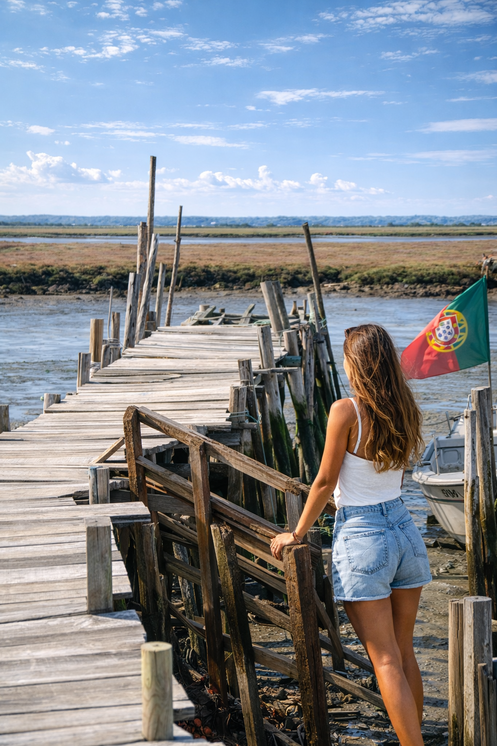 Mulher na passarela do maré baixa