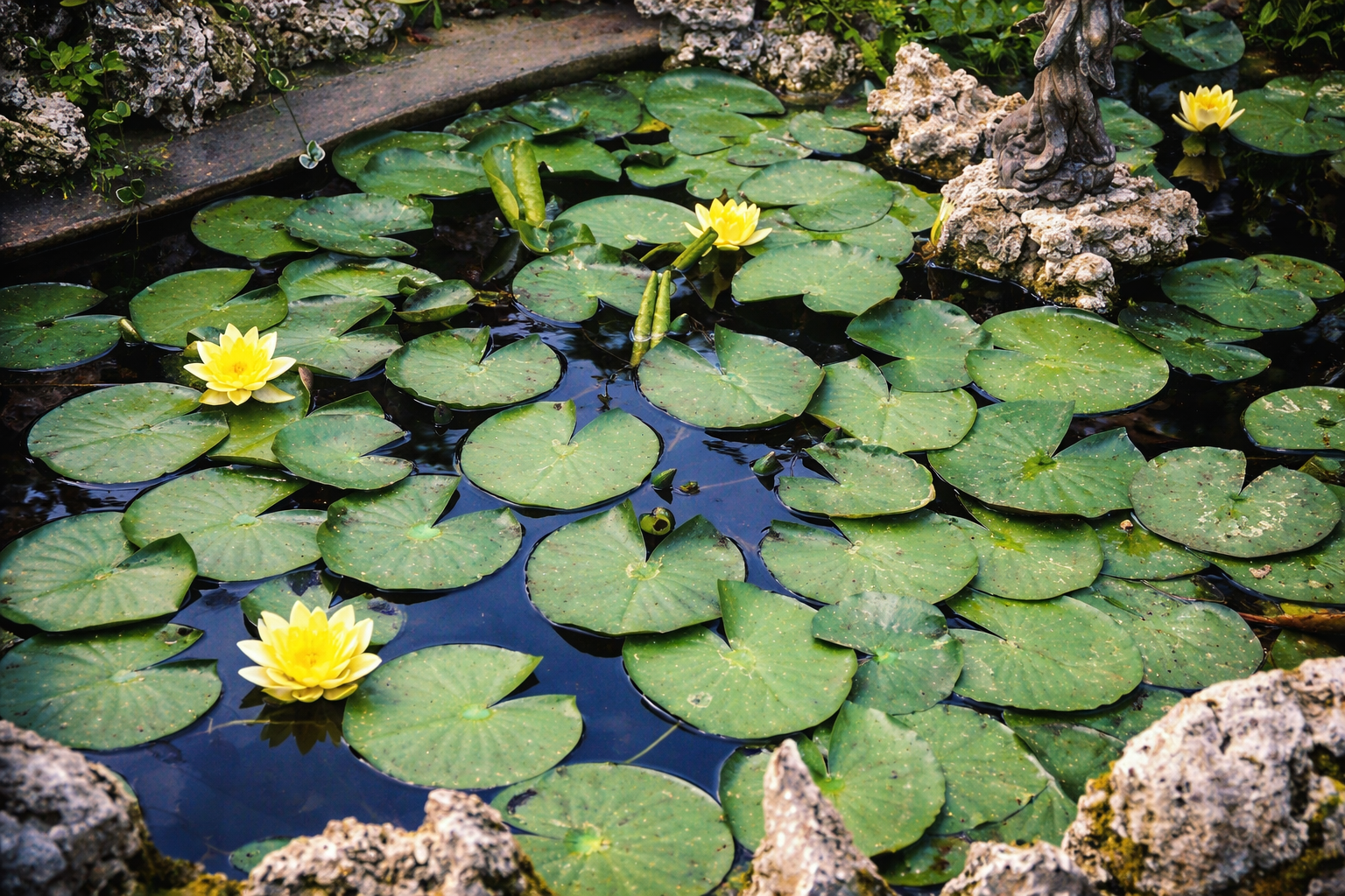 Lagoa tranquila com lírios amarelos