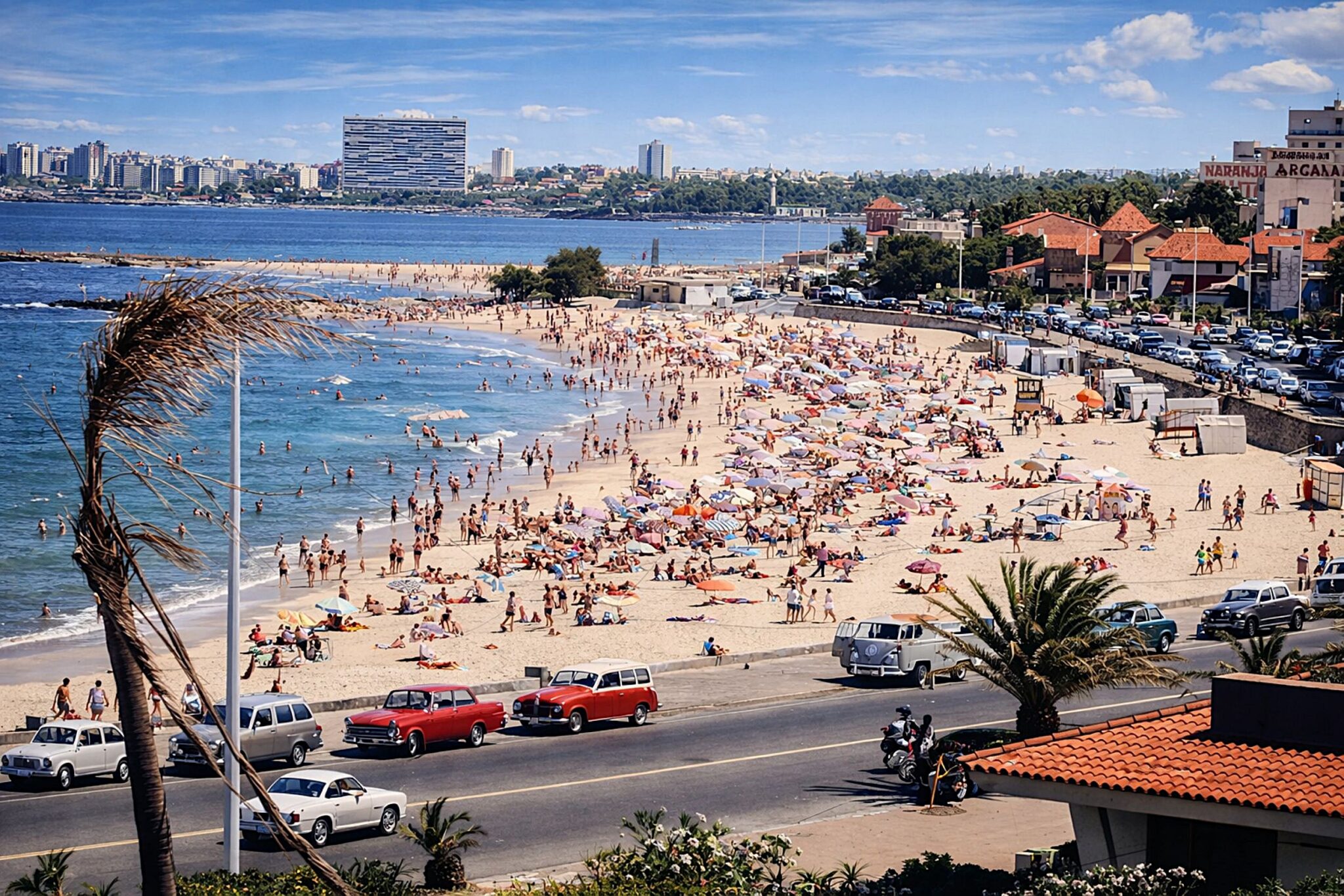 Praia animada com carros clássicos