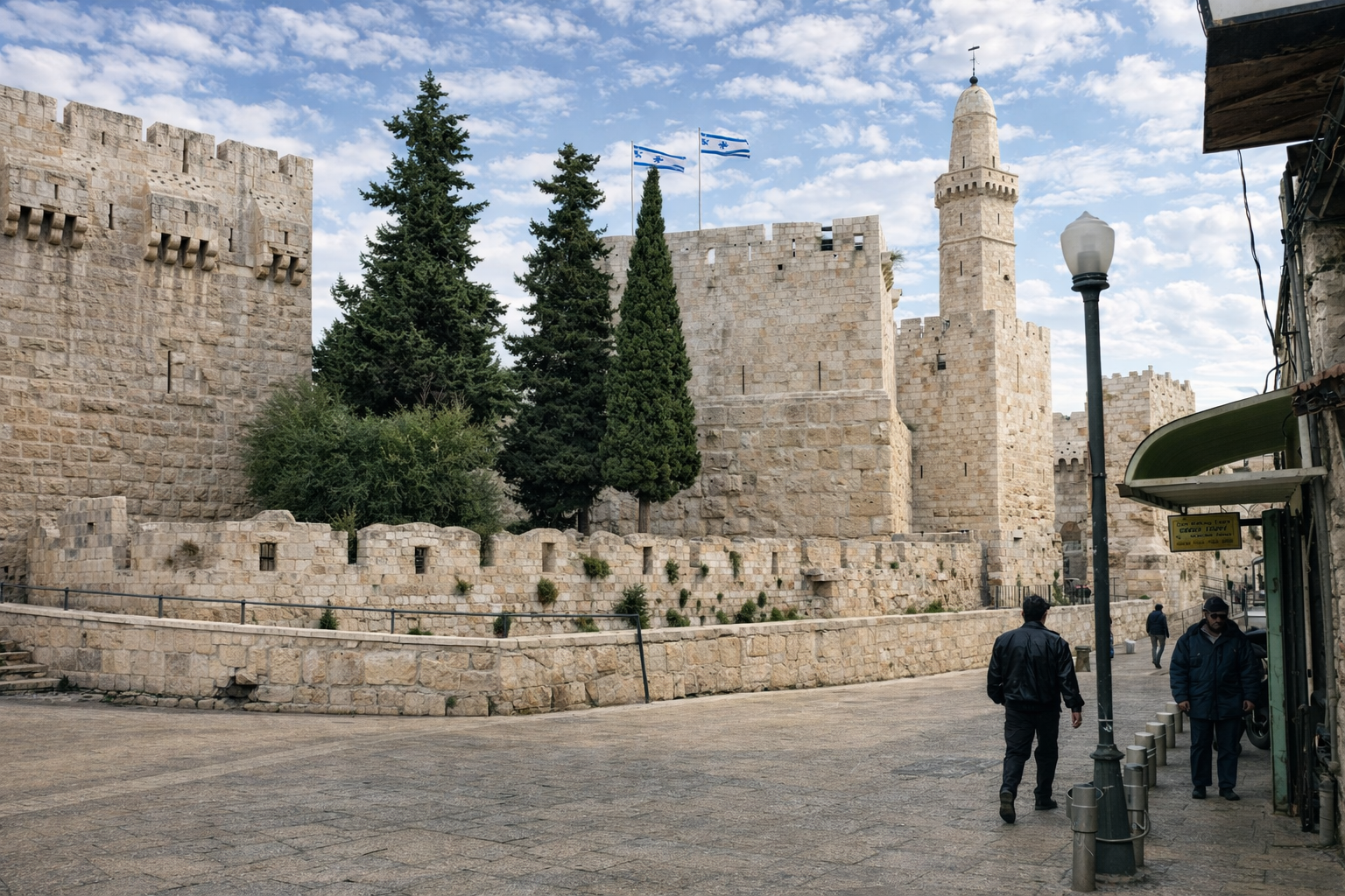 Fortaleza antiga em Jerusalem com bandeiras