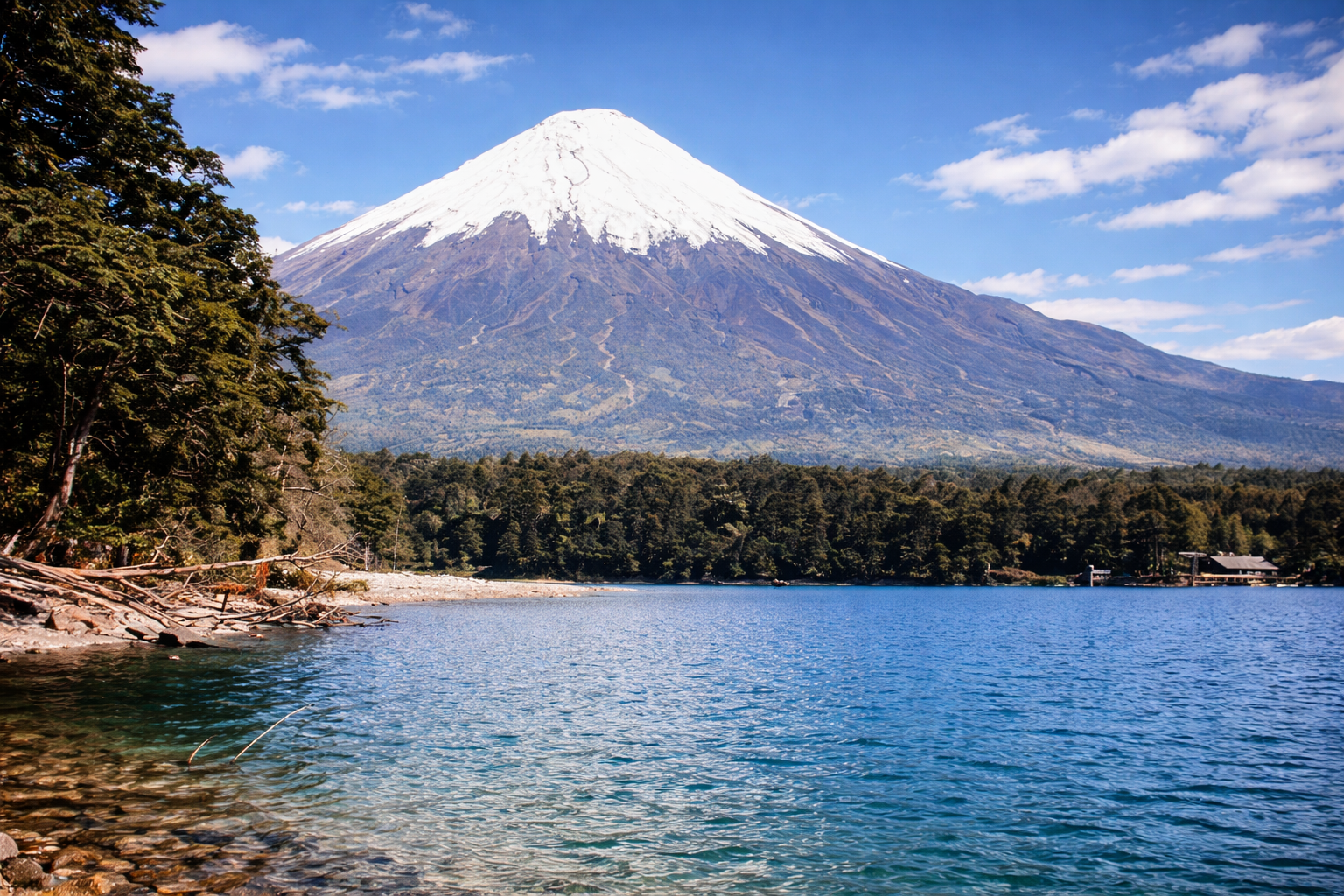 Lago alpino com o vulcão Osorno