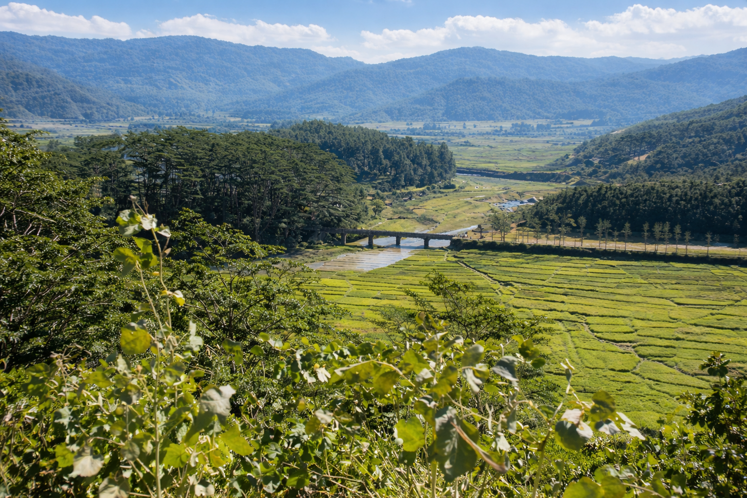 Vales verdes e ponte de pedra