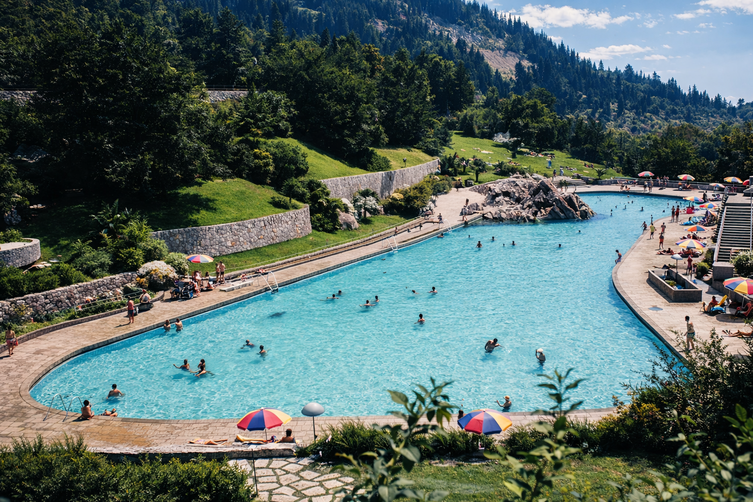 Piscina ao ar livre com paisagem montanhosa