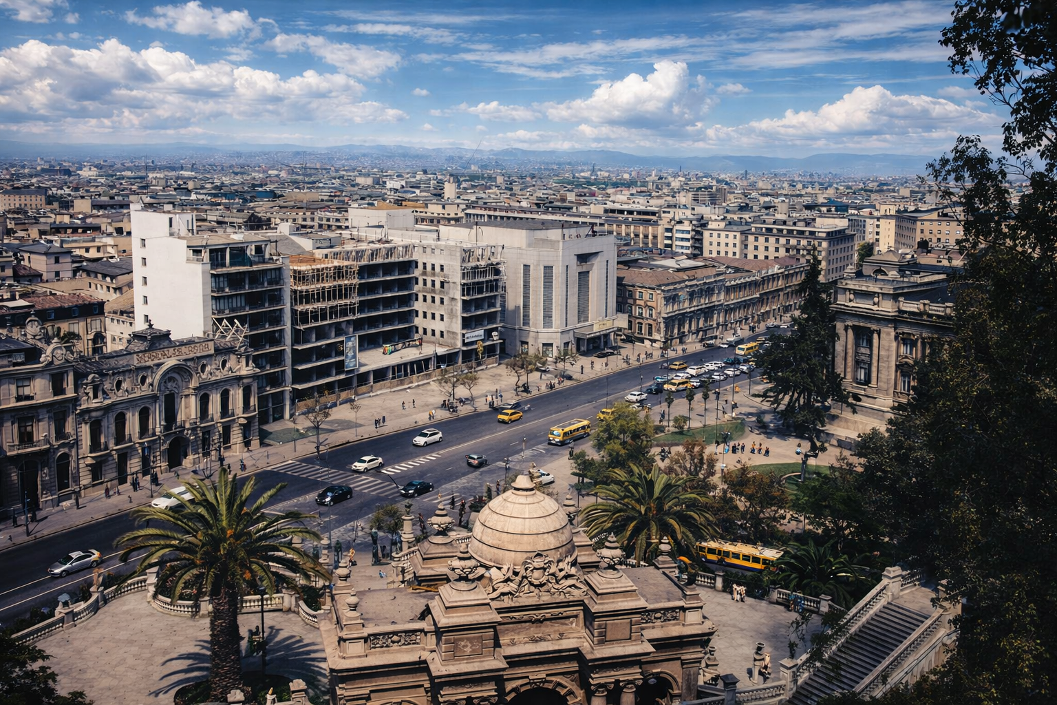 Vista urbana com edifícios históricos e modernos