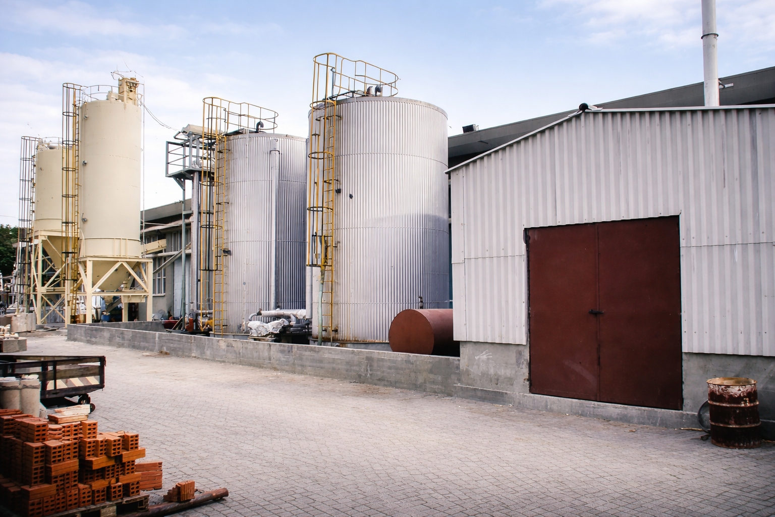 Instalação industrial com silos metálicos