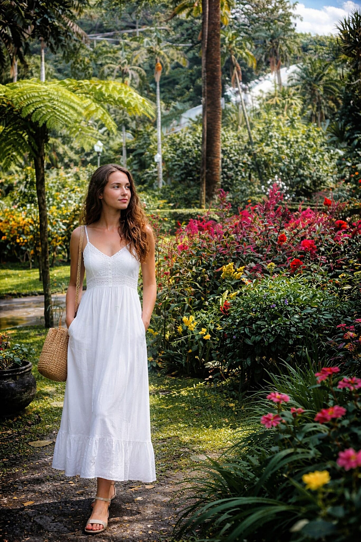 Mulher em vestido branco no jardim tropical