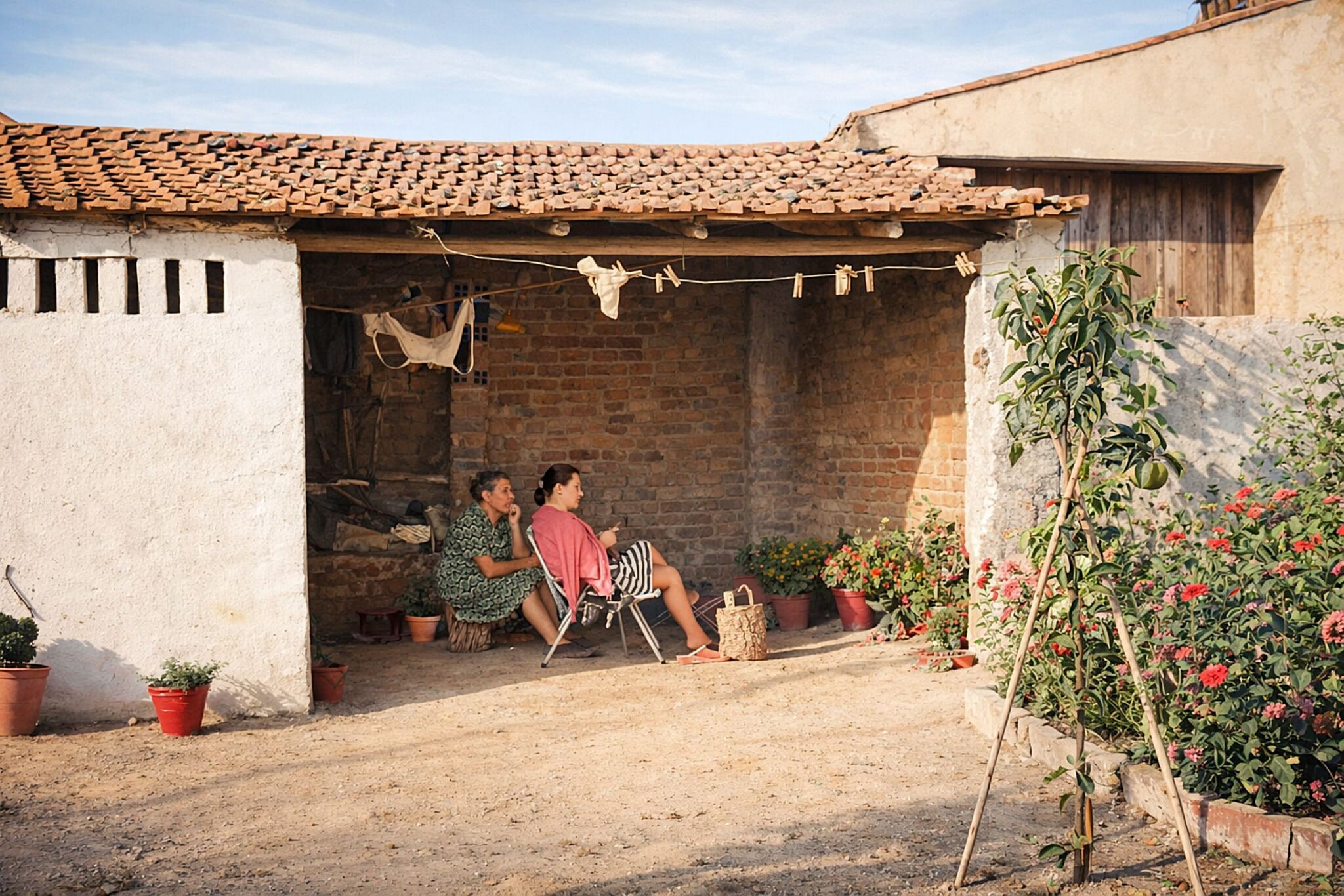 Mulheres à sombra em ambiente rural