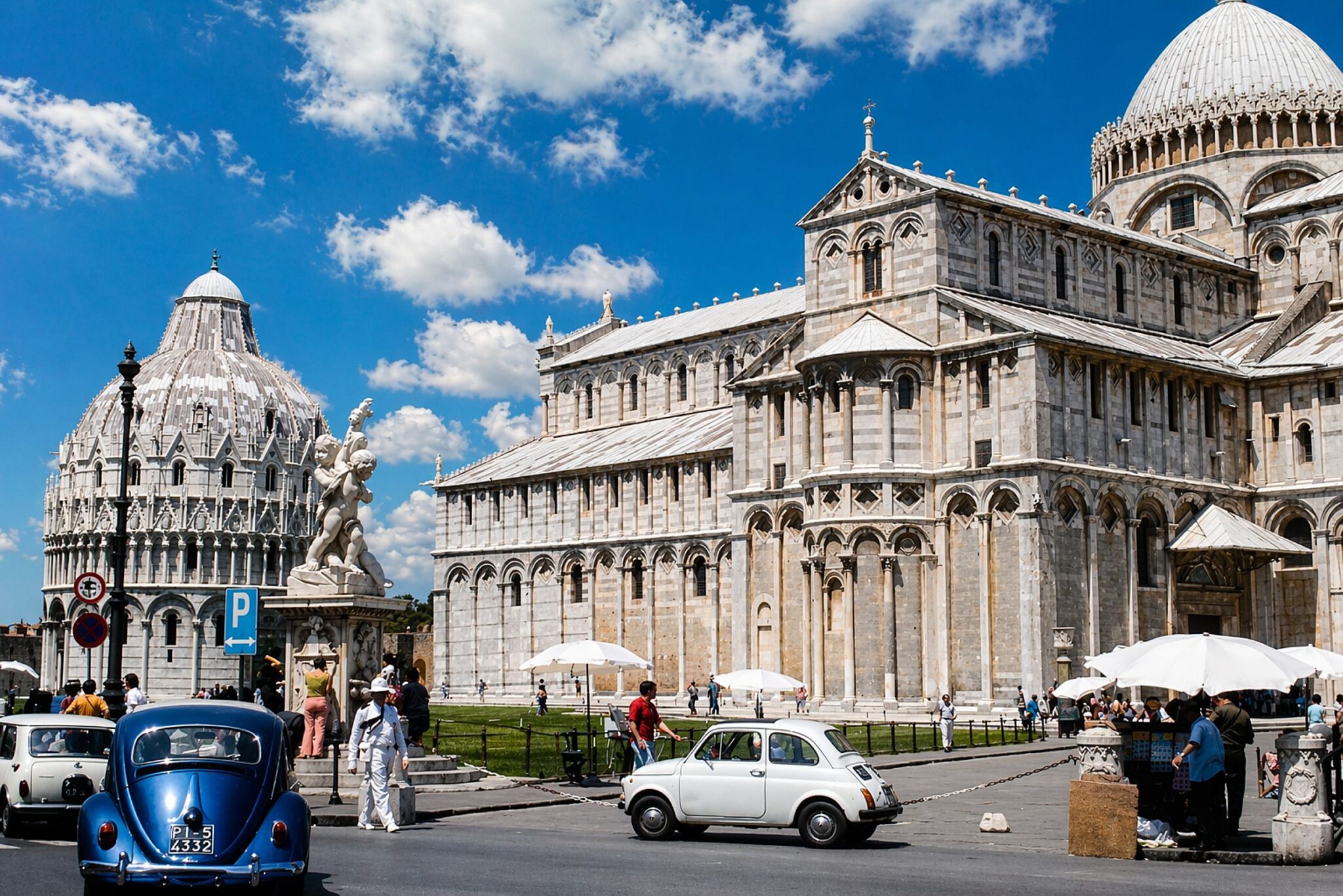Praça histórica com catedral e turistas