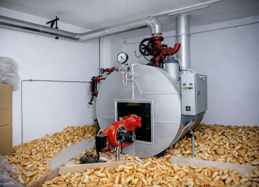 Forno e caldeira na sala técnica