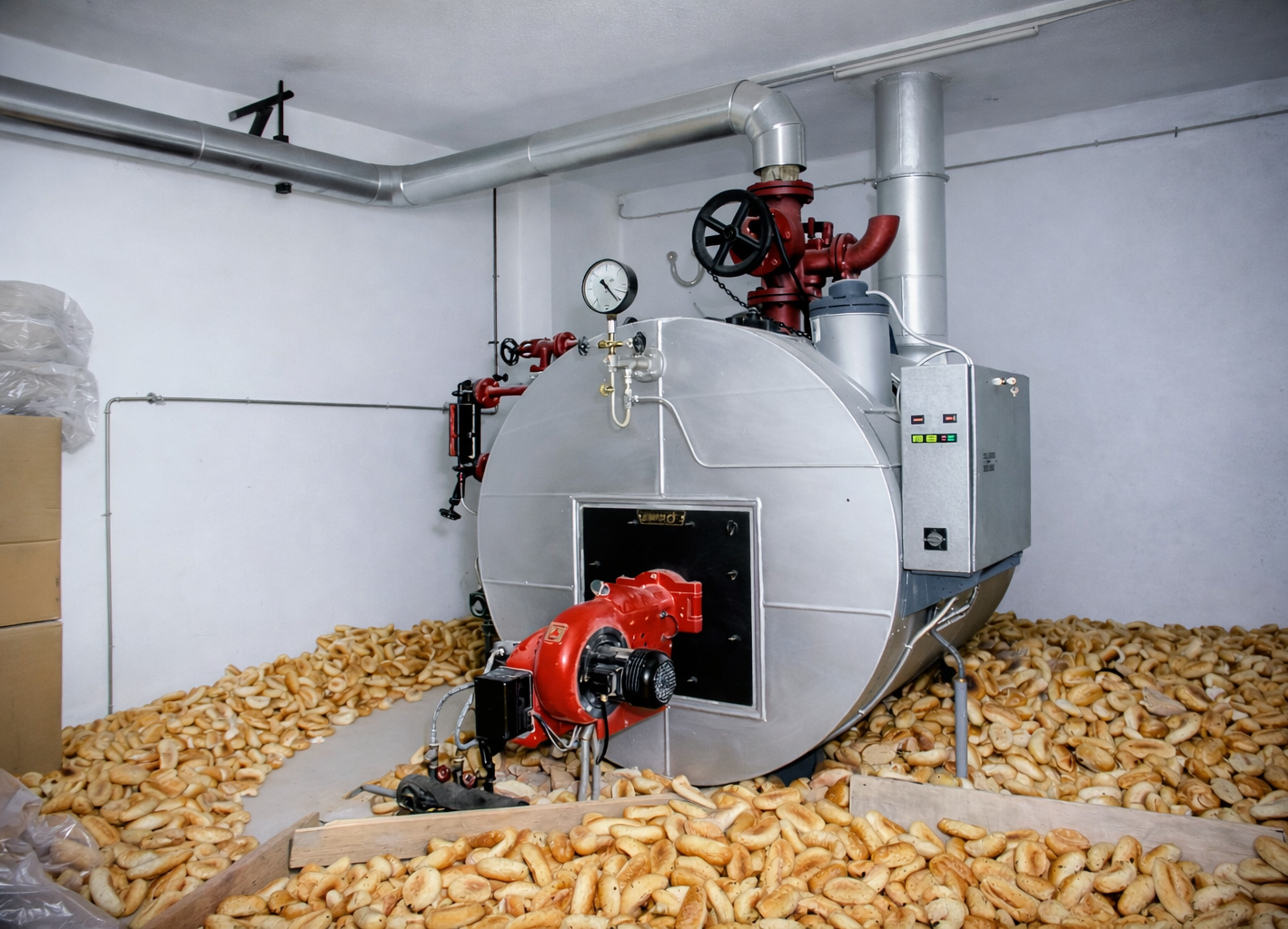 Forno e caldeira na sala técnica