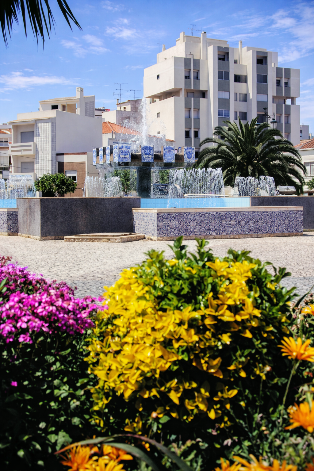 Praça urbana com flores e fonte