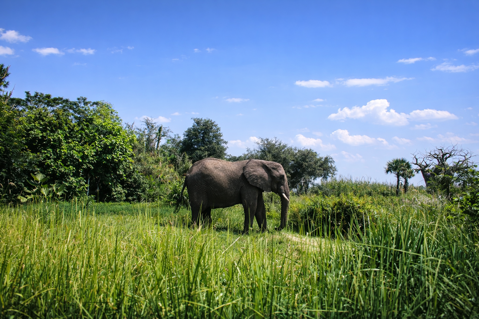 Elefante africano na savana verdejante