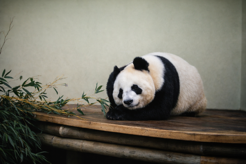 Panda descansando na plataforma de madeira