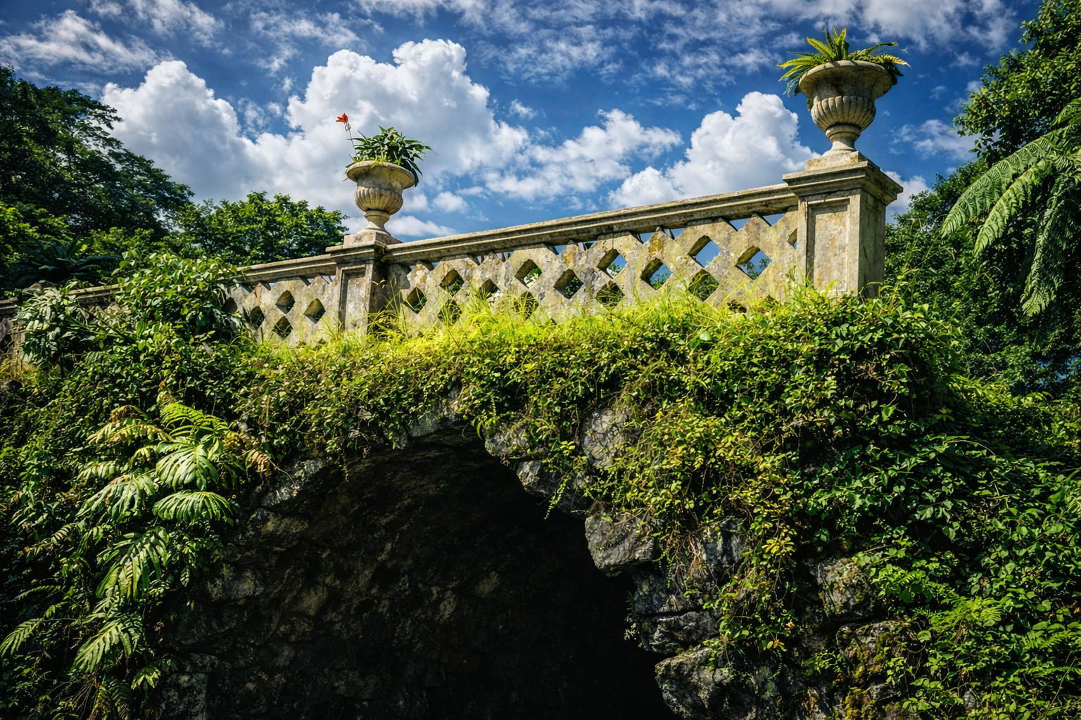 Ponte de pedra no bosque verdejante