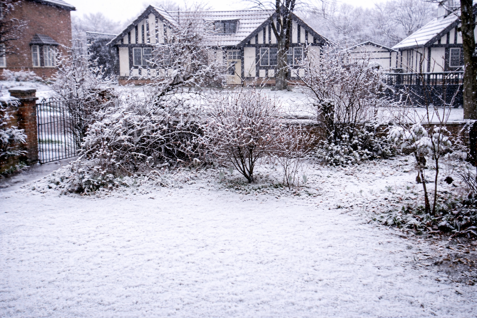 Jardim suburbano coberto de neve