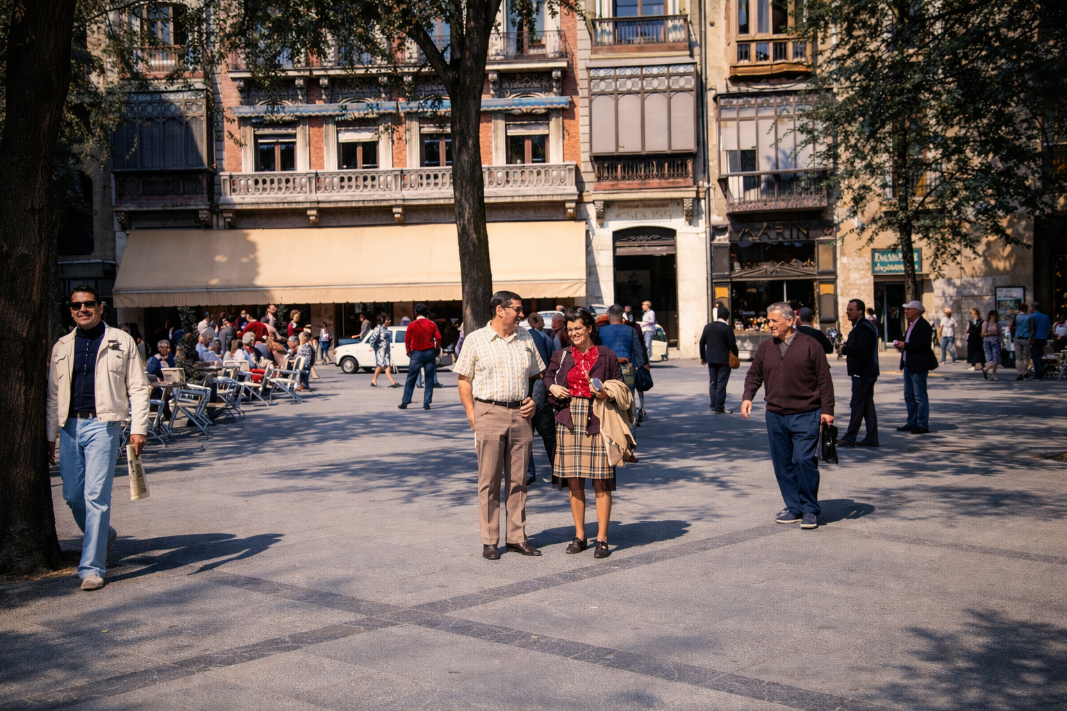 Praça vibrante em dia de sol