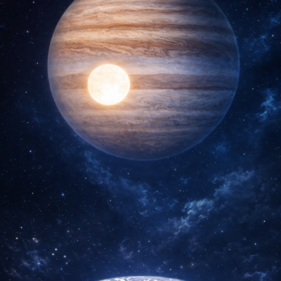 Paisagem alienígena com Júpiter imponente