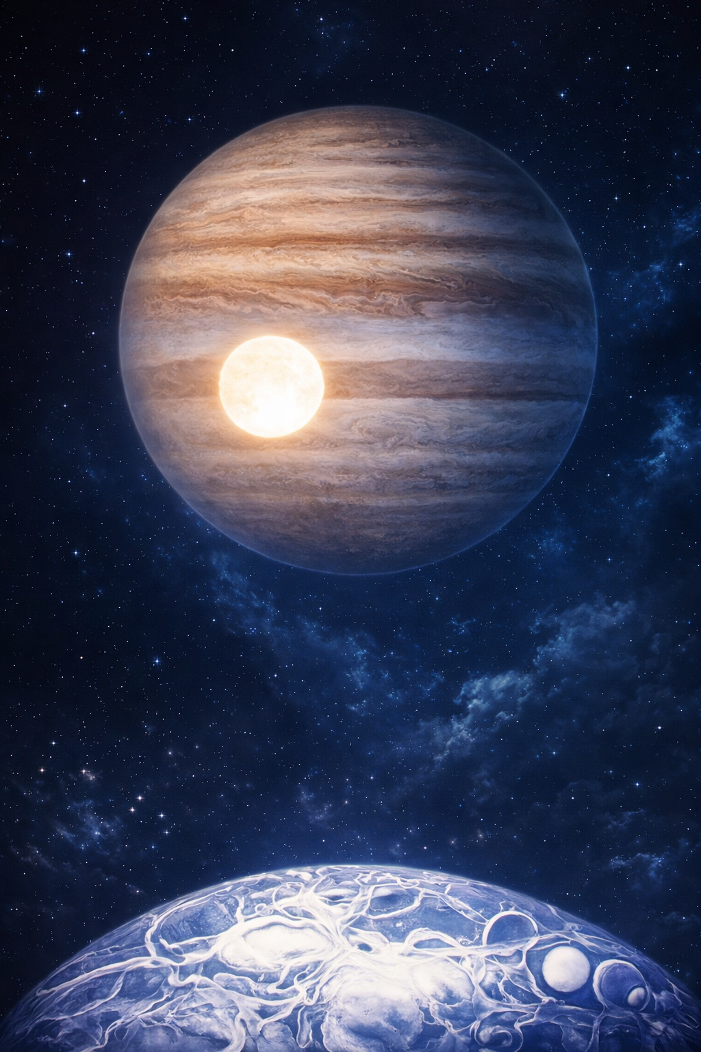 Paisagem alienígena com Júpiter imponente