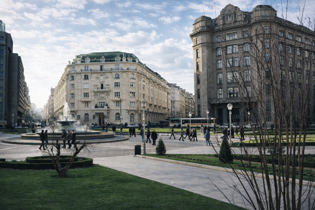 Praça com fonte e edifícios clássicos