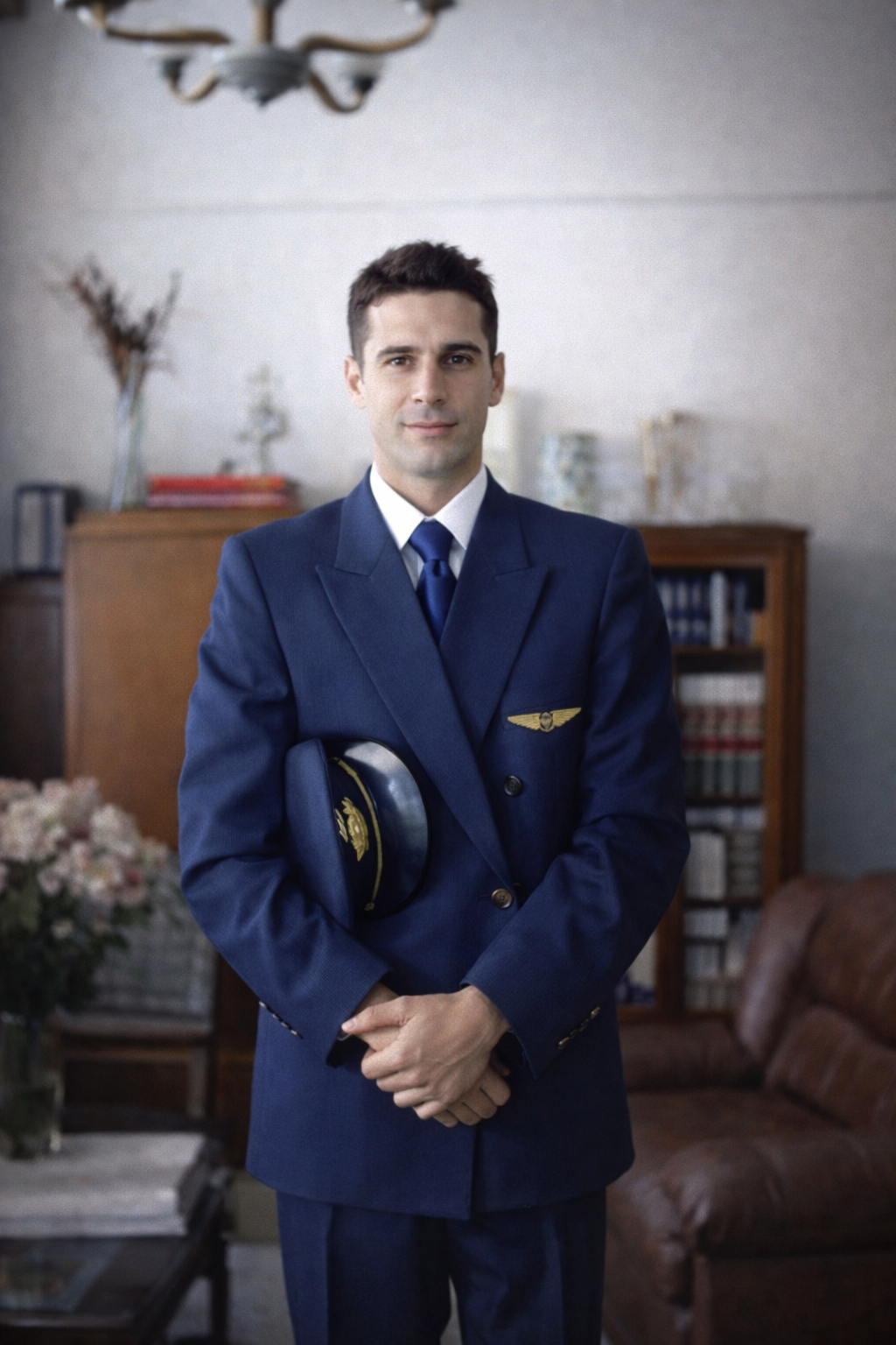 Homem de fato com chapéu de piloto