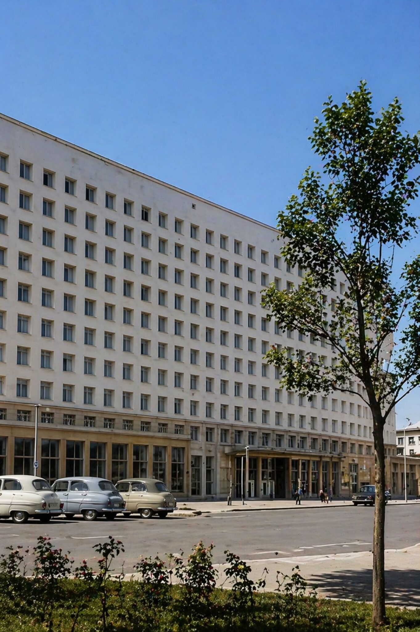 Rua urbana com edifício modernista