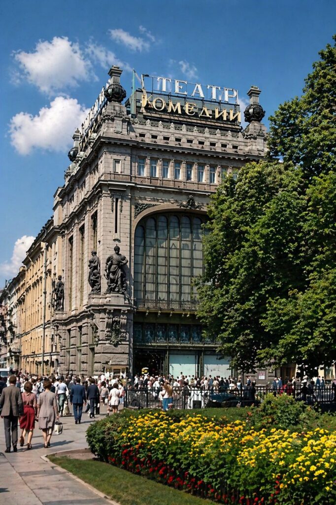 Praça movimentada e edifício histórico