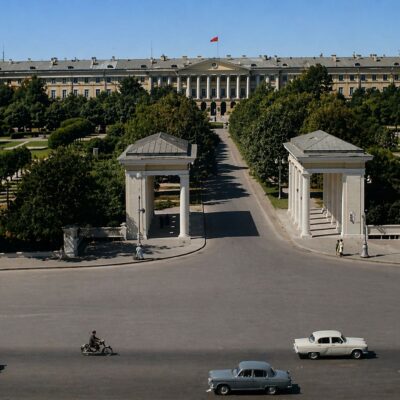 Jardim formal com edifício neoclássico