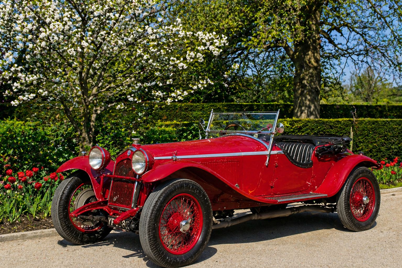 Carro vintage em jardim florido