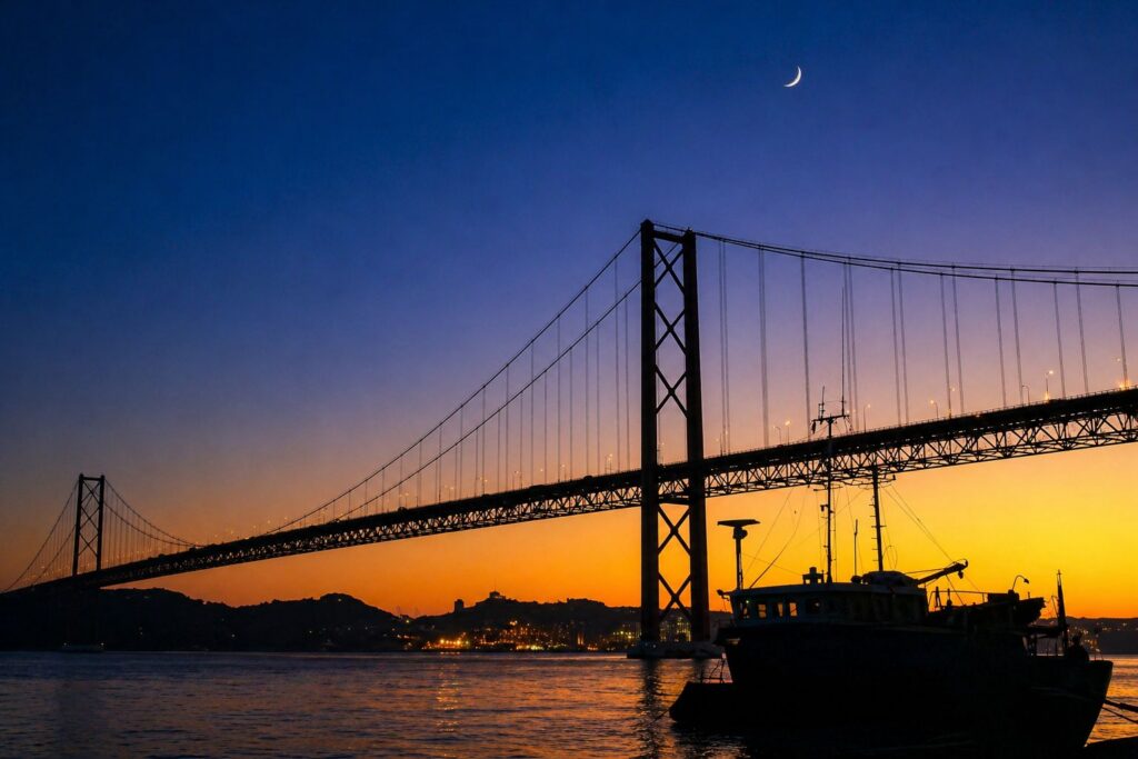 Ponte suspensa ao anoitecer