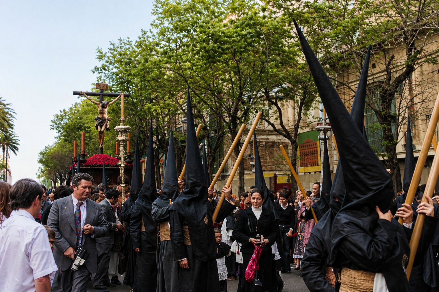 Procissão religiosa na rua movimentada