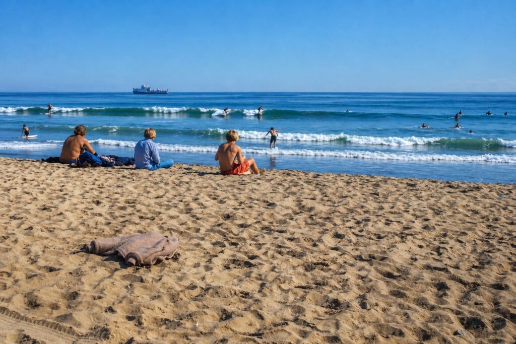 Praia ensolarada com surfistas e relaxamento