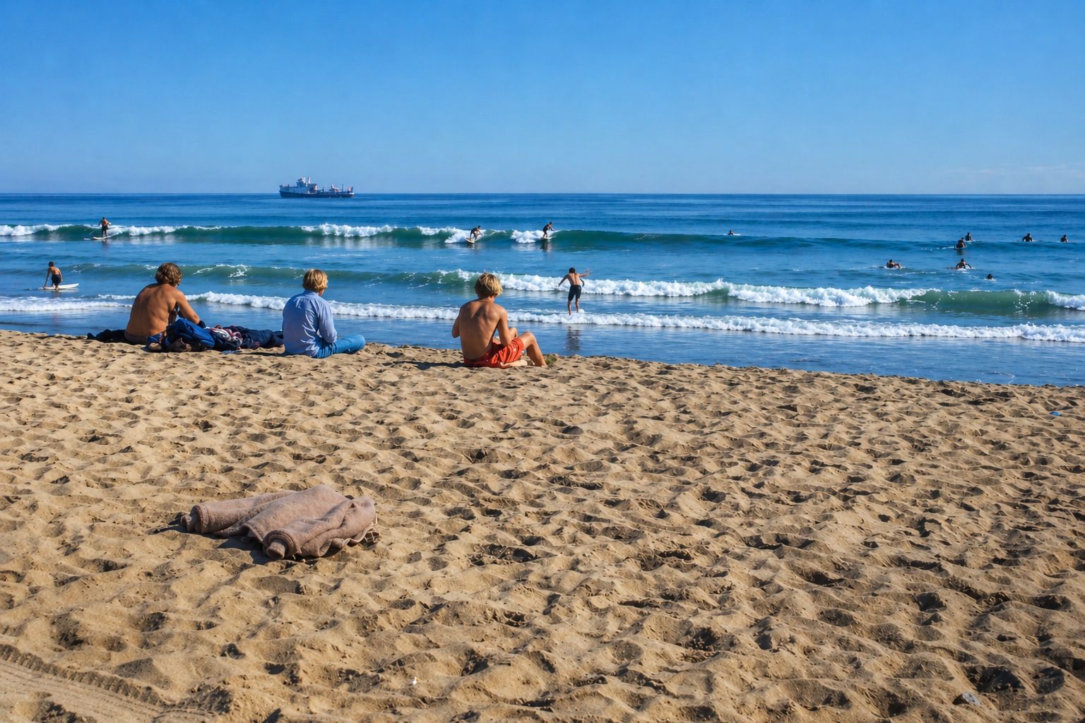 Praia ensolarada com surfistas e relaxamento