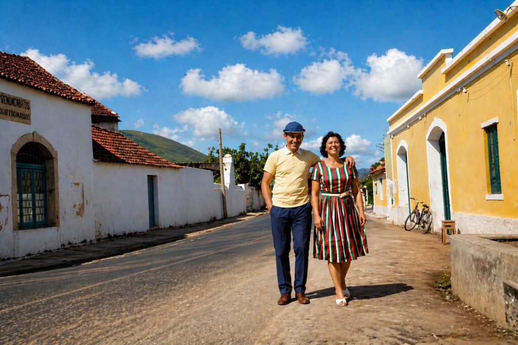 Casal sorridente numa rua tranquila