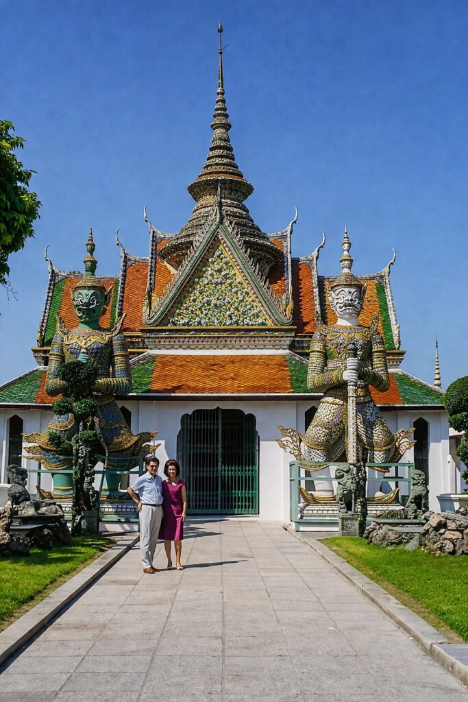 Casal em frente a templo tailandês