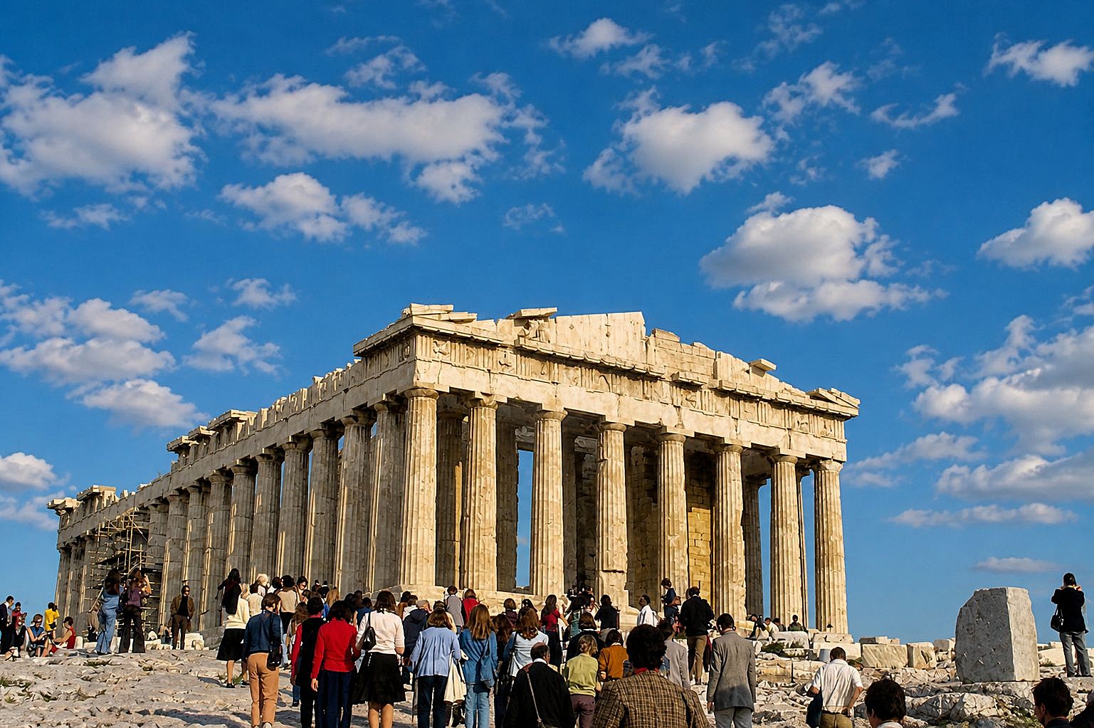 Turistas no Parthenon sob o céu azul