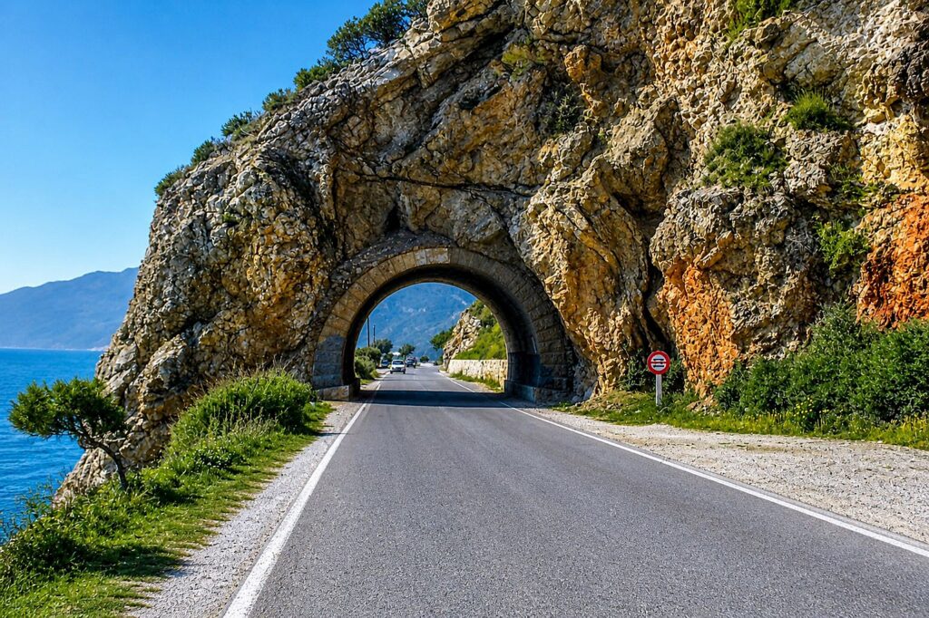 Estrada costeira com túnel de pedra