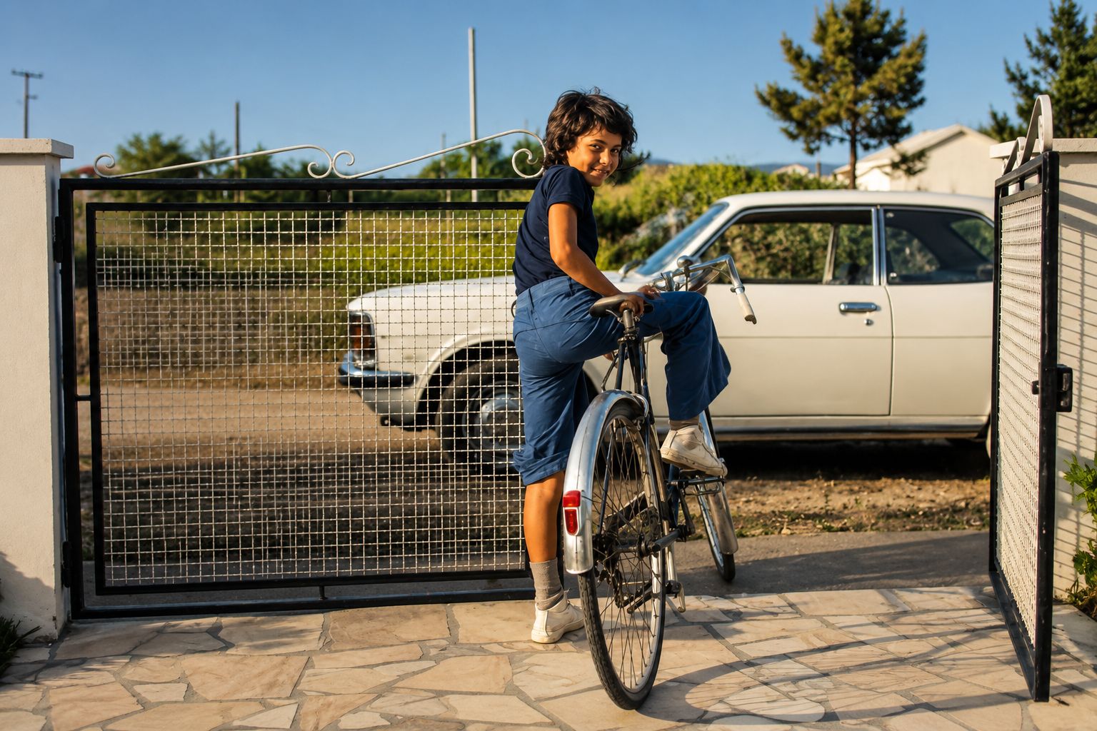 Criança sorridente a pedalar no portão