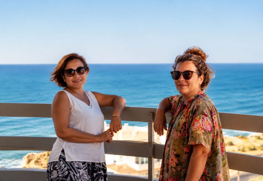 Vista costeira com duas mulheres felizes