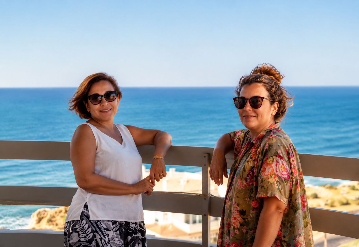 Vista costeira com duas mulheres felizes