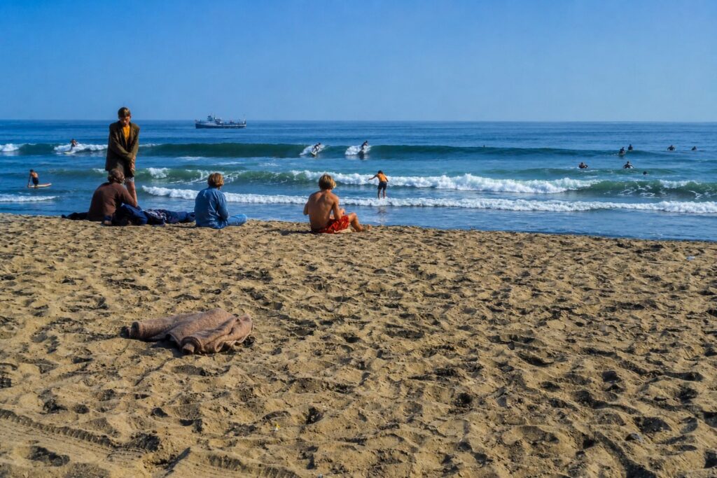 Praia ensolarada com surfistas ao longe