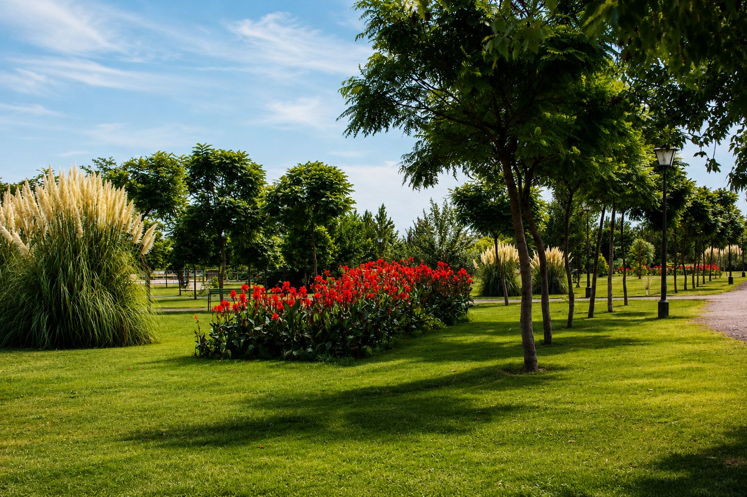 Parque ensolarado com flores vermelhas