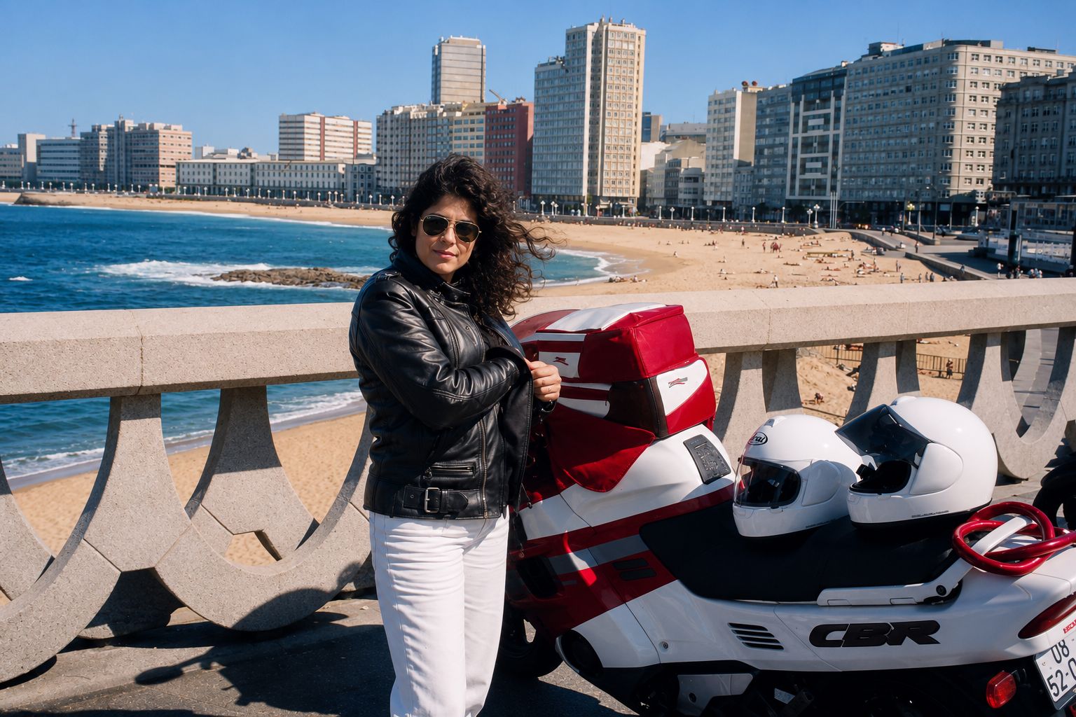 Mulher e moto na costa ensolarada