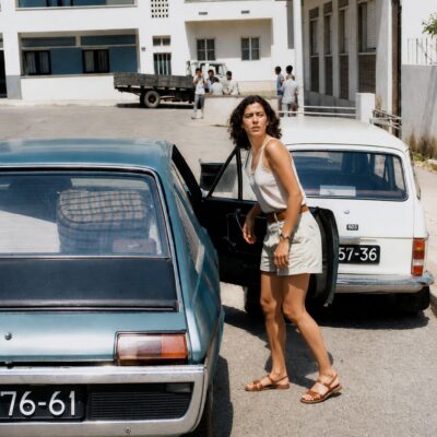 Cena urbana ensolarada com carros antigos