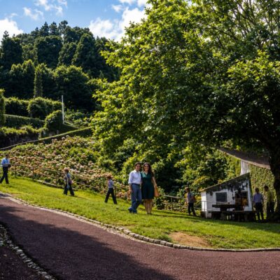 Passeio ensolarado entre flores e jardins lushes